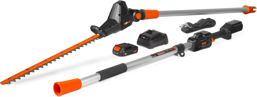 WEN 20V Max Cordless 20-Inch Hedge Trimmer Pole Saw with 14.6-Foot Reach, 2Ah Battery and Charger (20825)