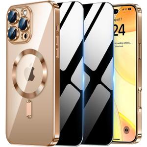 Magnetic Case for iPhone 15 Pro Max with 2 Privacy Screen Protector & Camera Cover [Compatible with MagSafe],Non-Yellowing Plating Glossy Shockproof Phone Case for iPhone 15 ProMax,Gold