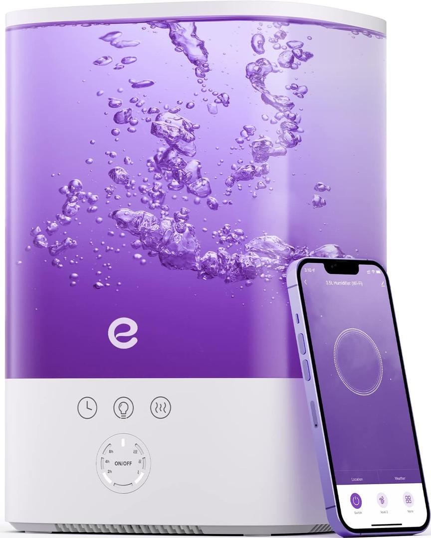 Humidifiers for Bedroom Large Room, Esemoil Smart WiFi Cool Mist Humidifiers for Baby, 3.5L Top Fill & 28dB Quiet, 40H Air Ultrasonic Diffuser with 8 Color Light, Voice Control, Compatible with Alexa (White/Purple)