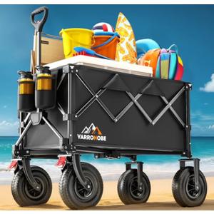 Big Rubber Wheels Beach Wagon Cart Foldable, 9x3 All-Terrain Wheels, Heavy Duty Collapsible Utility Wagon with 330lbs Capacity, Compact Storage, Easy Transport for Sand Camping Sports, Black