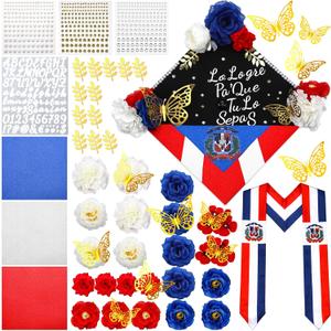 62 Pcs DIY Dominican Graduation Cap Decorations Kit Dominican Graduation Stole Sash Flower Heads 3D Butterfly Glitter Rhinestones Pearl Stickers Alphabet Letter Number for 2026 Grad Party