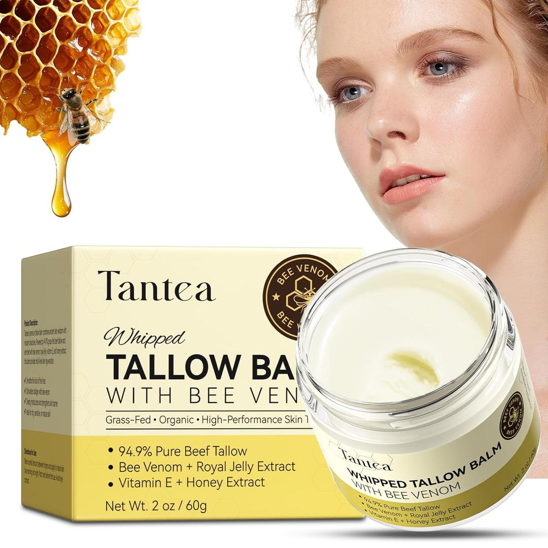 Beef Tallow for Skin with New Zealand Bee Venom, 7x Stronger Formula, 100% Grass-Fed Beef Tallow for Face, Bee Venom Cream for Body & Face Moisturizer, Soothes Cracked & Dry Sensitive Skin (2 oz)