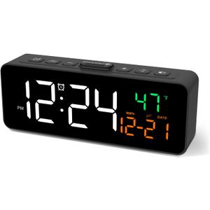 Netzu 3-in-1 Digital Clocks for Living Room with Temperature, Date & Time Display - 4 Levels Birghtness, 3 Volumes, Small & Compact Plug-in Alarm Clock for Bedroom, Office (Black)