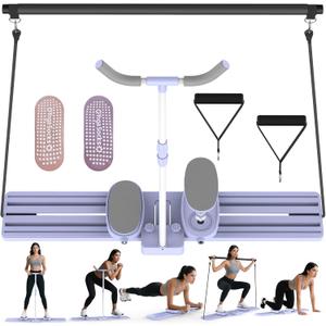 Foldable Pilates Slider Board, Ski Exercise Machinewith Resistance Bands, Ab and Leg Trainer, Multifunctional Pilates Machine, Home Gym Full Body Workout Equipment for Women