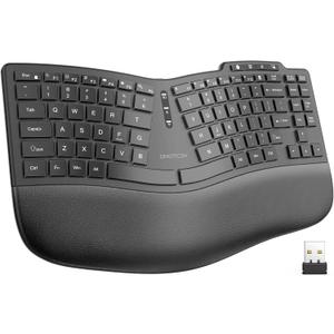OMOTON Ergonomic Wireless Split Keyboard, Cushioned Wrist Rest, Rechargeable, USB Connectivity, 2.4G Membrane Silent Keyboard for Windows/PC, Classic Black