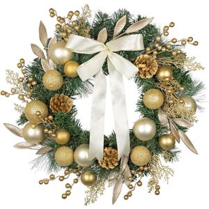 24 inch Christmas Door Wreath, Large Gold Wreaths for Front Door with Champagne Bow Golden Ball Glittered Leaf Spray Stems Pinecones for Fireplace Xmas Decorations, Wall Window Indoor Outdoor Decor