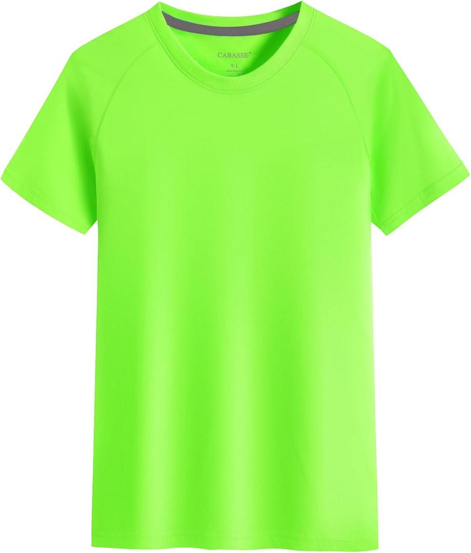 Cabasse Youth Performance Short Sleeve Shirt, UPF 50 Quick Dry Athletic T Shirt for Boys & Girls (X-Large, Neon Green)