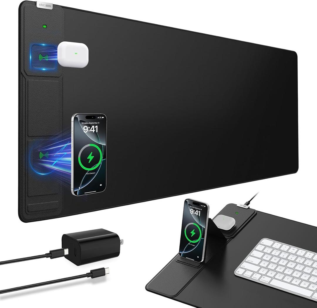 Wireless Charging Mouse Pad with Foldable Phone Holder, 31.5"x15.8" Extended Desk Mat for Laptop/Keyboard, Waterproof UltraSmooth Surface, NonSlip Base & 20W PD Adapter, Black