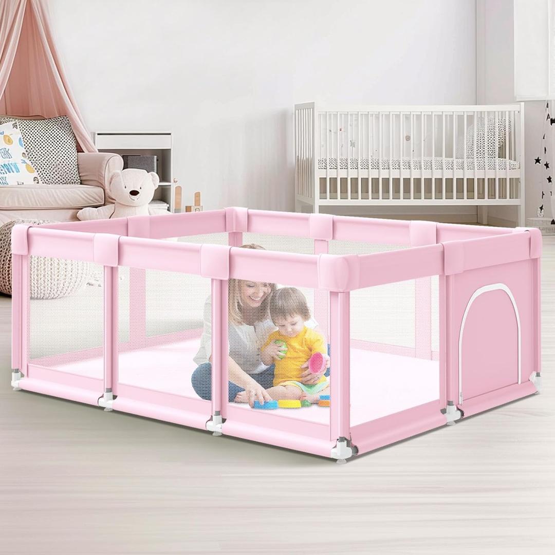 Baby Playpen 74"x50" PlayPen for Babies and Toddlers Pink, Large Play Yards for Indoor & Outdoor with Zipper Gates