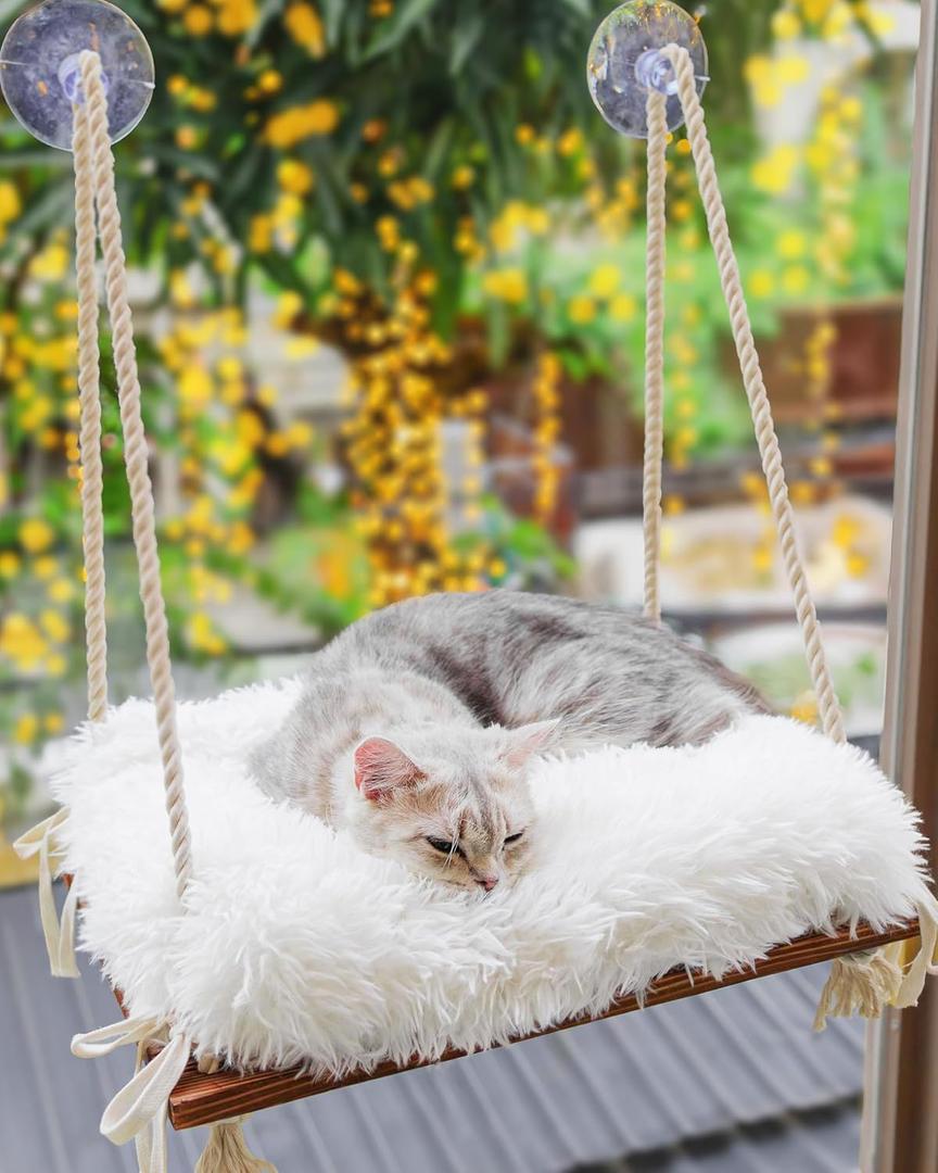 Cat Window Perch - Hammock Bed for Cats Inside - Solid Wood Seat, 4 Strong Suction Cups, Soft Cushion - Rustic Indoor Pet Shelf (Medium, Brown/White)