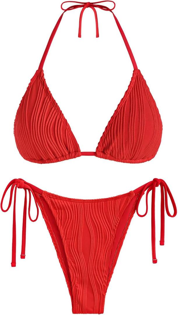 ZAFUL Textured Halter Bikini for Women 2 Piece Triangle Bikini Sets Sexy High Cut Bathing Suit Side Tie Swimsuits (Large, 0-wave-red)