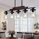 Dining Room Light Fixture/Chandelier Over Table,5-Light Kitchen Island Lighting Hanging for Farmhouse Linear Chandeliers Matte Black Rustic Wood Ceiling Pendant Light Fixtures with Clear Glass Shade