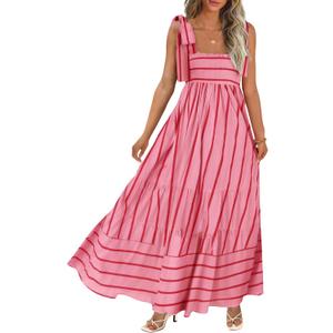 CURBODO Women's Summer Maxi Dress Boho Spaghetti Straps Casual Long A-line Smocked Beach Dress Square Neck Flowy Sun Dress (Pink, L)