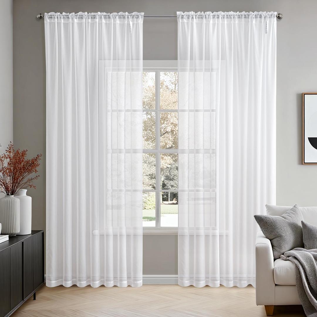 MIULEE 2 Panels Solid Color White Sheer Window Curtains Elegant Window Voile Panels/Draperies/Treatment for Bedroom Living Room (70 X 90 Inches White)