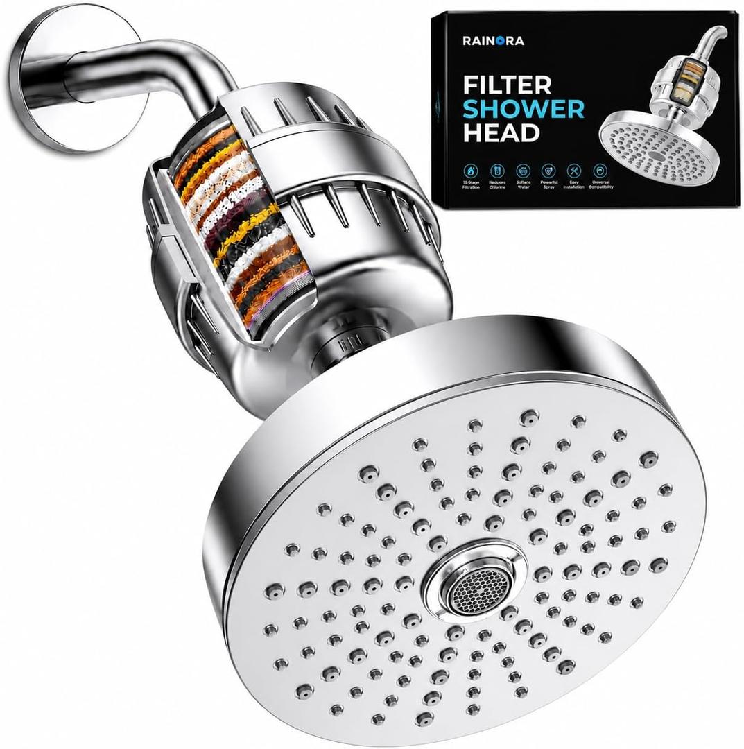 Filtered Shower Head Combo - 25 Stage Filtration (20+5), High Pressure Showerhead 3 Spray Modes, Removes Chlorine & Heavy Metals, Vitamin C Hard Water Filter for Skin & Hair, Chrome