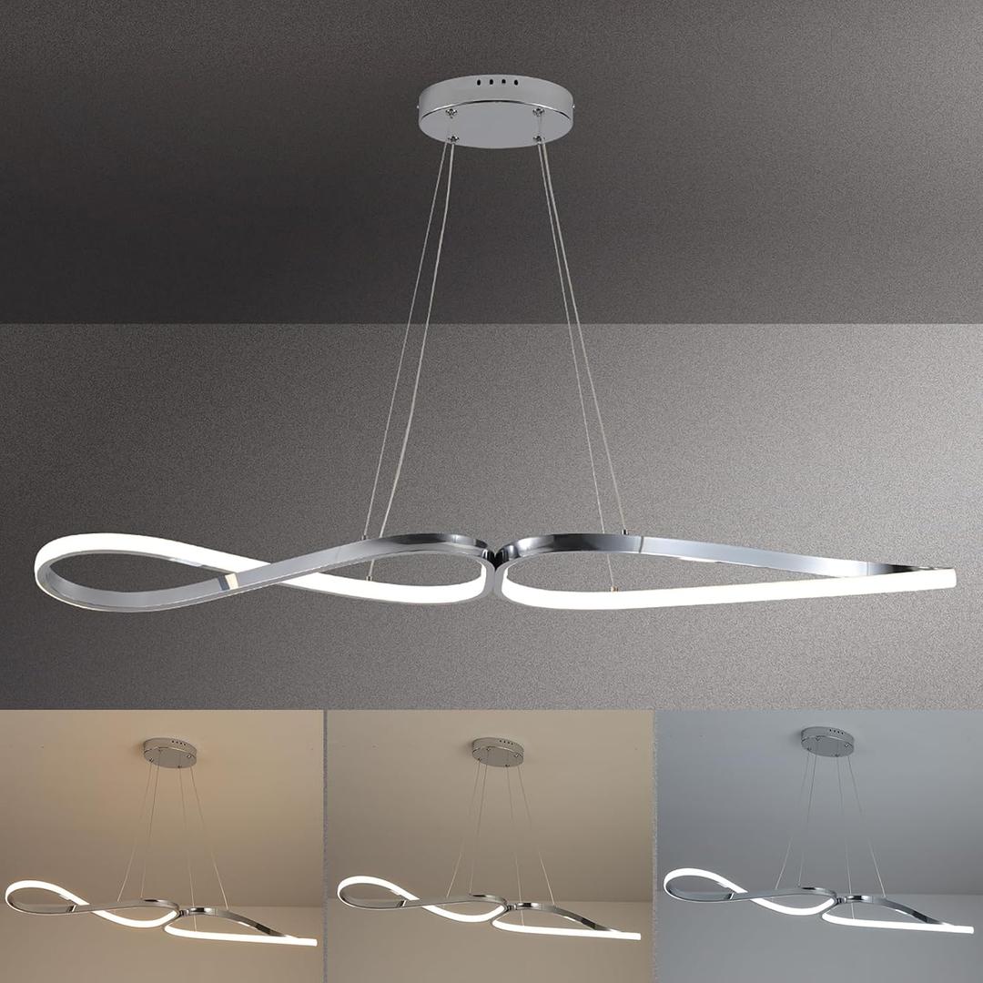 Modern led Chandelier,Modern Pendant Lights Kitchen Island,Dimmable Kitchen Chandeliers Over Table,Modern Chandeliers for Dining Room,L39.3in Dining Room Light with Remote(Chrome 28W) (Chrome plating 28W)