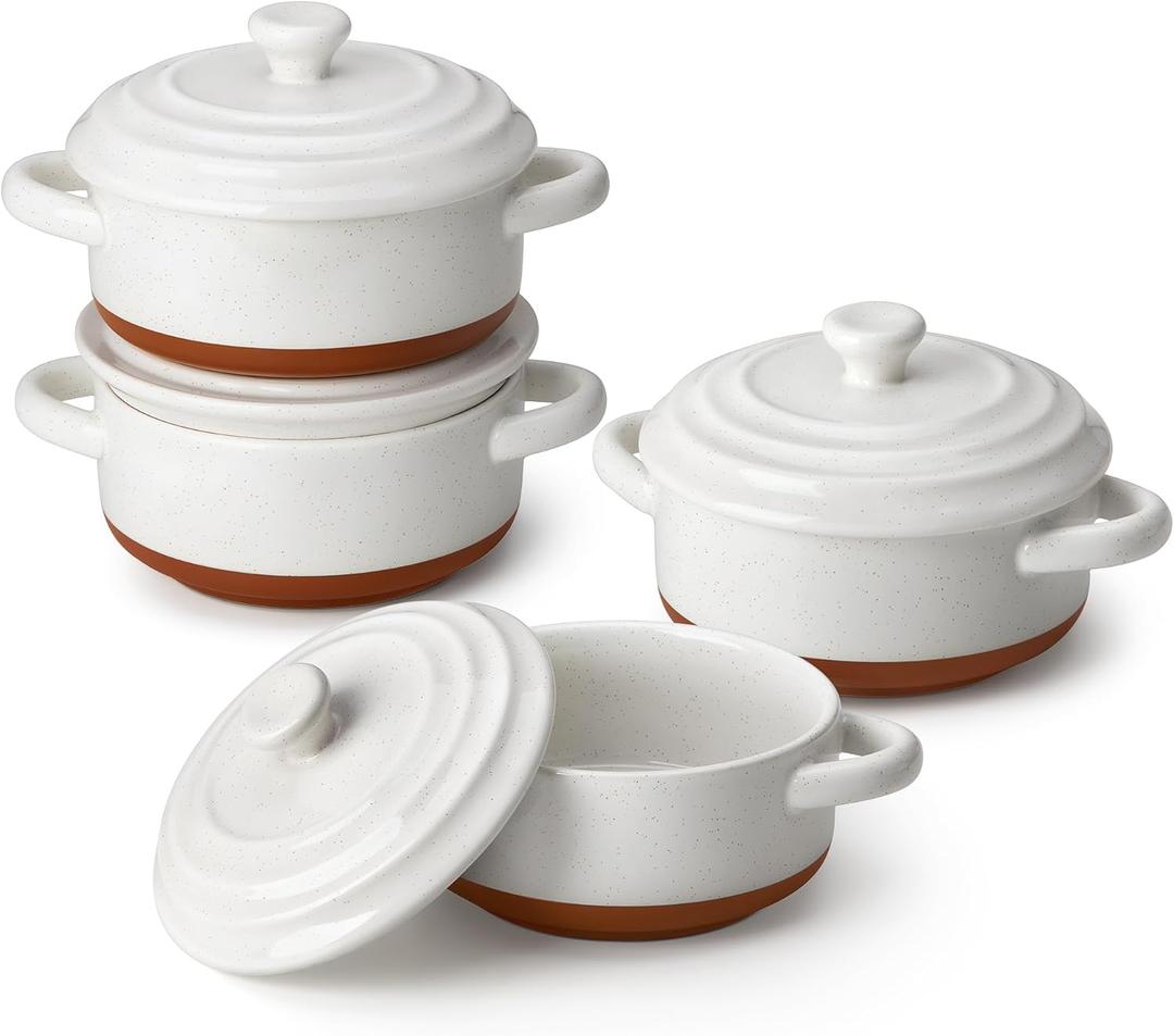 MALACASA Mini Cocotte Set - 12 OZ Small Casserole Dishes for Oven, Ramekins with Lids and Handles, Ceramic Mini Dutch Oven Set of 4, Microwave & Dishwasher Safe, Khaki White, Series TARA