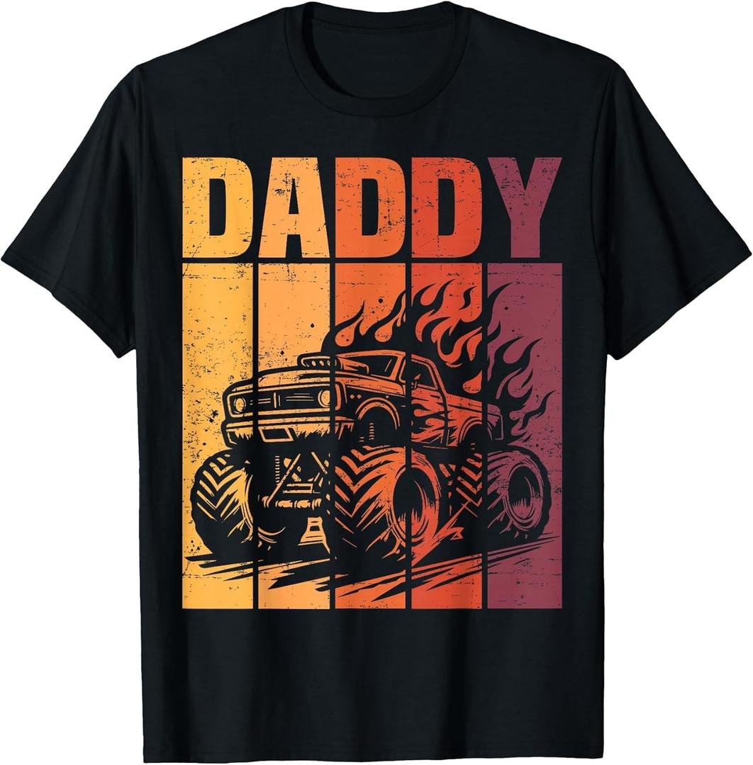 Retro Monster Truck Daddy Matching Family Birthday Party T-Shirt (Large, Black)