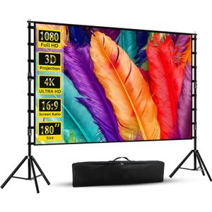 Projector Screen with Stand, Wootfairy 180 inch Portable and Foldable Projection Screen 4K HD 16:9 Rear Front Wrinkle-Free Movie Screen with Carry Bag for Indoor Outdoor Home Theater Backyard Cinema