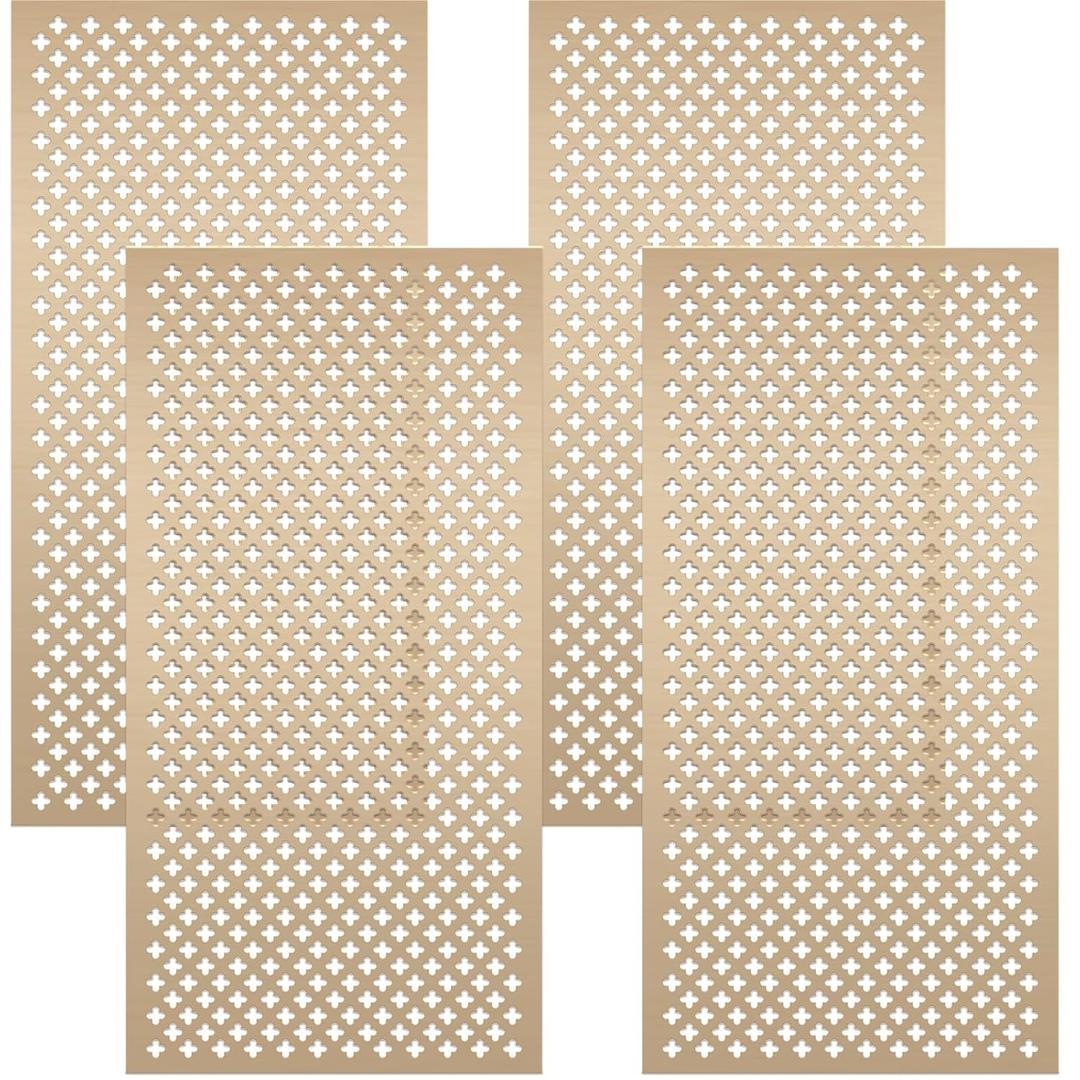 Therwen 4 Pcs Decorative Aluminum Sheet Metal Cloverleaf Sheet 24 x 12 Inch Perforated Metal Panels 0.04 Inch Thick Brass Mesh Decorative Panels for Indoor Outdoor