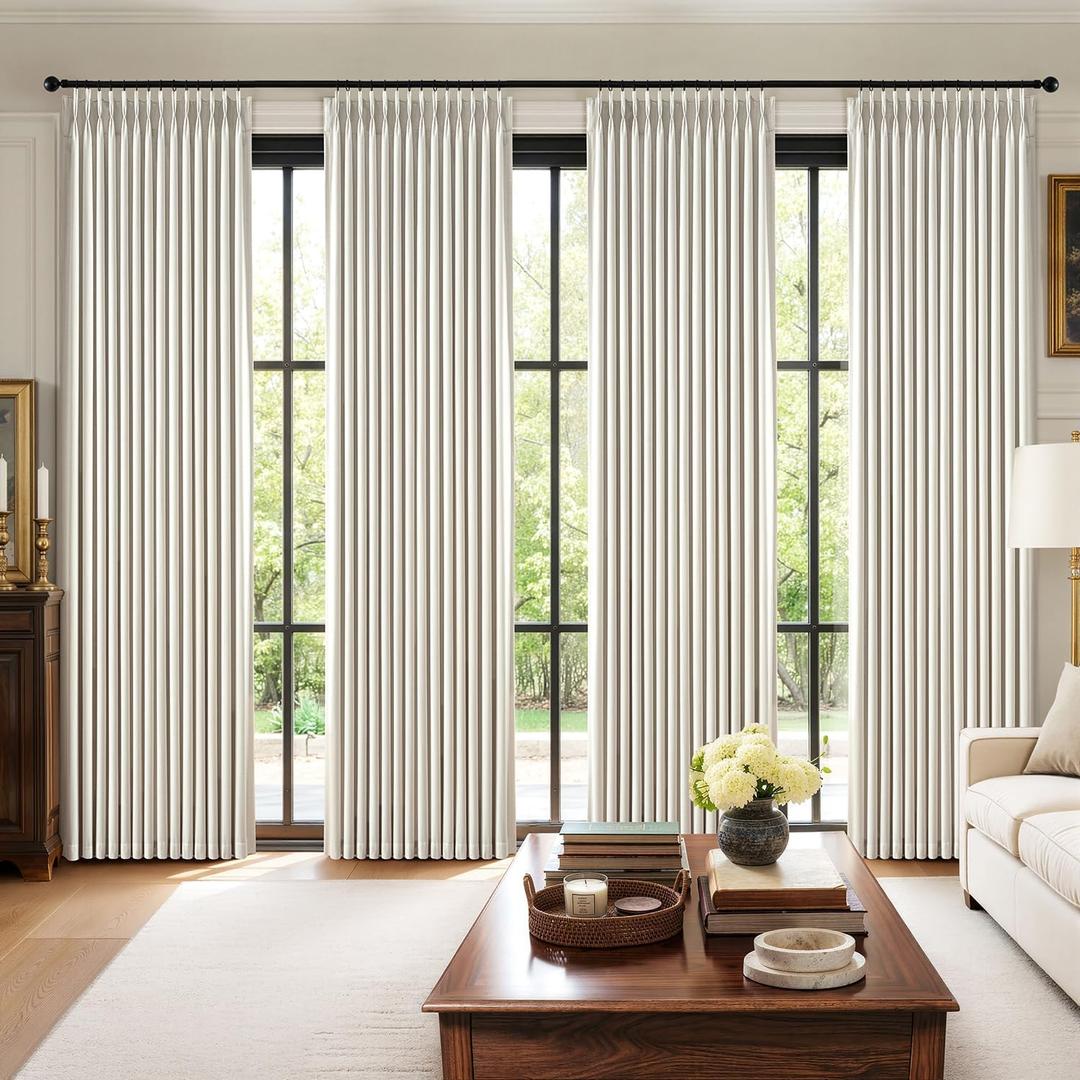 MIULEE Pinch Pleated 100% Blackout Curtains 90 Inch Long 4 Panel Set for Bedroom Thick Linen Memory Trained Pleat Living Room Darkening Back Tab Double Layer Thermal Insulated Drapes, Beige White