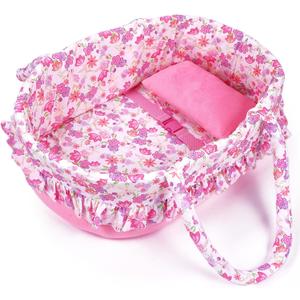 BABESIDE 2 Pcs Reborn Baby Doll Accessories, Pink Floral Baby Doll Bassinet with Pillow and Built-in Carrier, Foldable Doll Bed with Handle for 17-22 Inch Lifelike Dolls (Dolls Not Included)