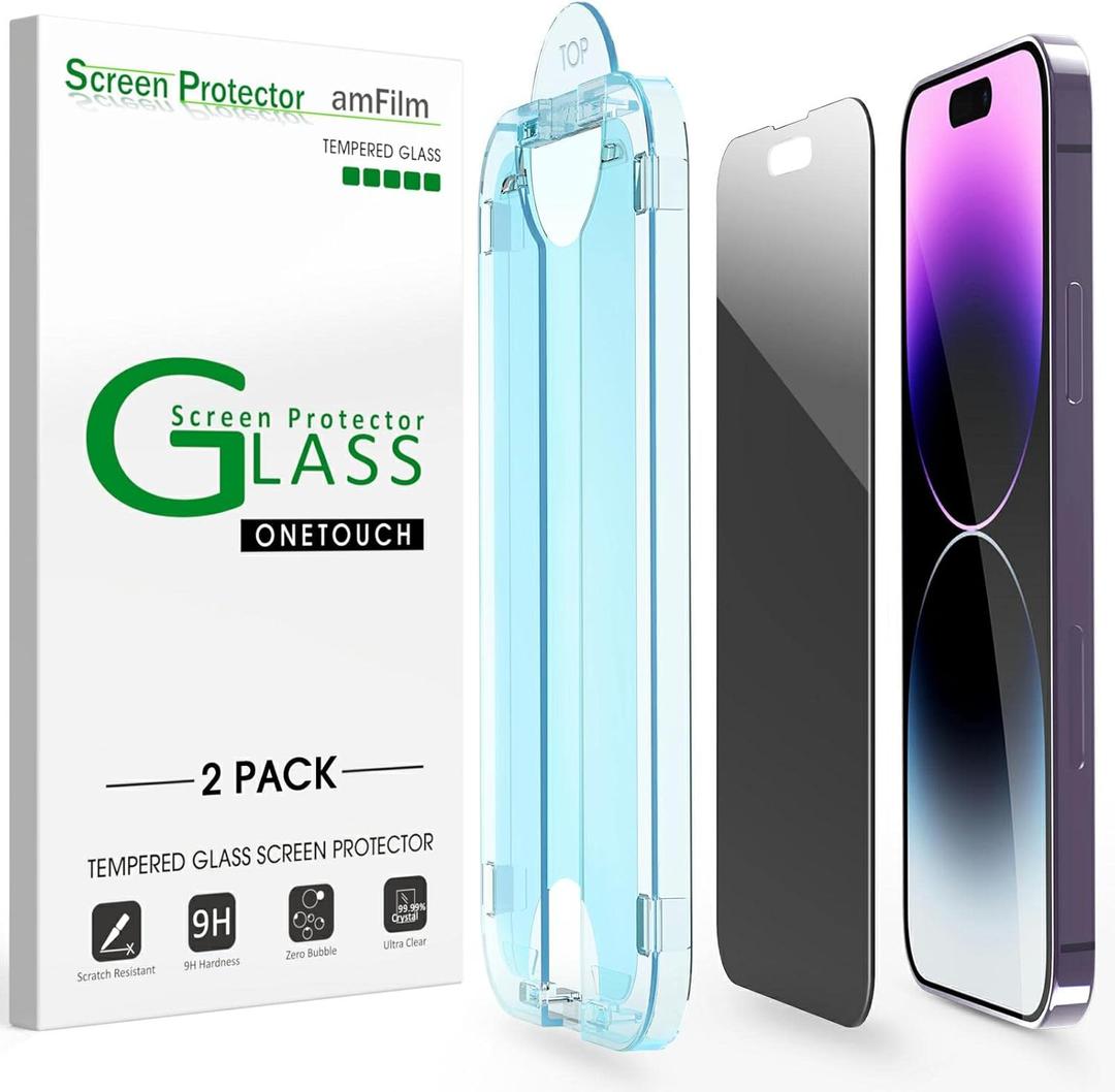 amFilm Auto-Alignment OneTouch for iPhone 14 Pro [6.1''] privacy Screen Protector,Tempered Glass, 30 seconds Installation, Bubble Free, Case Friendly, Anti-Scratch [2Pack]