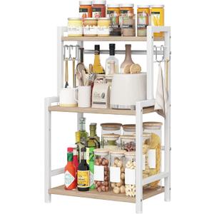 Kitchen Countertop Organizer, 3 Tier Large Spice Rack Organizer with Adjustable Shelf and 5 Hooks, Wooden Counter Organizer, Countertop Shelf Microwave Stand for Kitchen Coffee Bar, Light Coffee (Small)