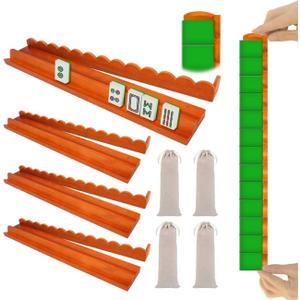 Upgraded Version,Mahjong Racks with Pushers,18 Inch,Wooden American Mahjong Tile Pushers and Racks Set of 4, with 4 Mahjong Racks Drawstring Bag, Mahjong Accessories（Brown）