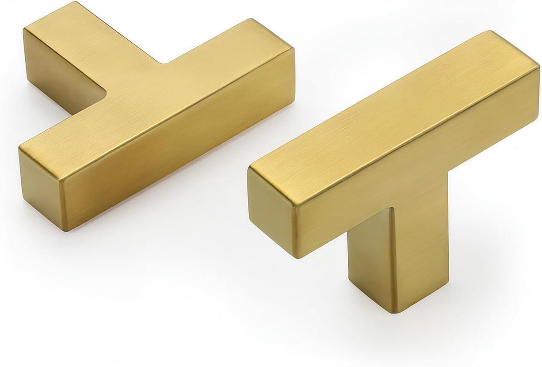 goldenwarm Brushed Brass Cabinet Knobs Kitchen Cabinet Hardware - LSJ12GD Gold Knobs for Bathroom Cabinets Modern Square T Bar Drawer Knobs Brass Hardware Pulls 2"(50mm Overall Length 25 Pack (single hole knob)
