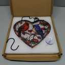 Heart-Shaped Stained Glass Window Hanging, 7.9 in Cardinal & Blue Jay Birds Sun Catcher Indoor Window Decor, Colorful Glass Art Panel for Home, Garden, Valentines Gift