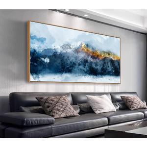 Framed Canvas Wall Art Indigo Abstract Mountain Pictures Wall Decor Blue Grey Orange Mountain Peaks Canvas Painting Prints Modern Abstract Artwork for Living Room Bedroom Decoration 24" x 48"