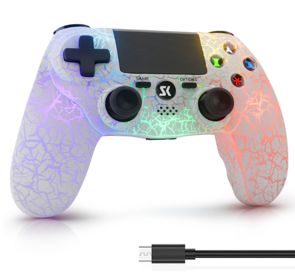 ISHAKO Controller for PS4, Wireless Game Controller for PlayStation 4/Pro/Slim/PC Windows, with 1000mAh Battery, 4-modes RGB LightingDouble Vibration, 6-Axis Motion Control (White)