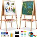 Wooden Art Easel for Kids, Double Sided Kids Easel with Whiteboard & Chalkboard, Height Adjustable Standing Toddler Easel with Number and Painting Accessories, Education Gift for Boys and Girl Ages 3+