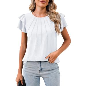 SimpleFun Womens Blouses Dressy Casual Work Tops Ruffle Short Sleeve Crew Neck Pleated Summer Shirts (White, L)