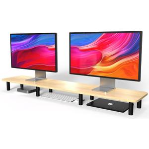 Large Extra Long Monitor Stand Riser 43.7in,Dual Monitor Riser, Wide TV Stand for 2 Monitors, Wood & Steel Leg Adjustable Height Desktop Riser, Home Office Organization. (Natural)