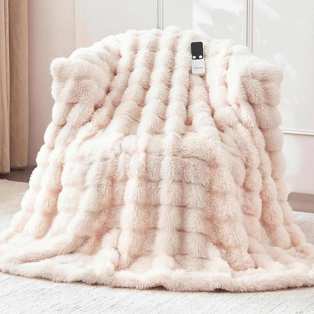 Heated Blanket Twin 62''x 84'', Fast Heating Electric Blanket Ultra-Soft Faux Rabbit Fur with 5 Heat Levels & 5H Auto Shut-Off, Overheat Protection, Machine Washable (Beige)