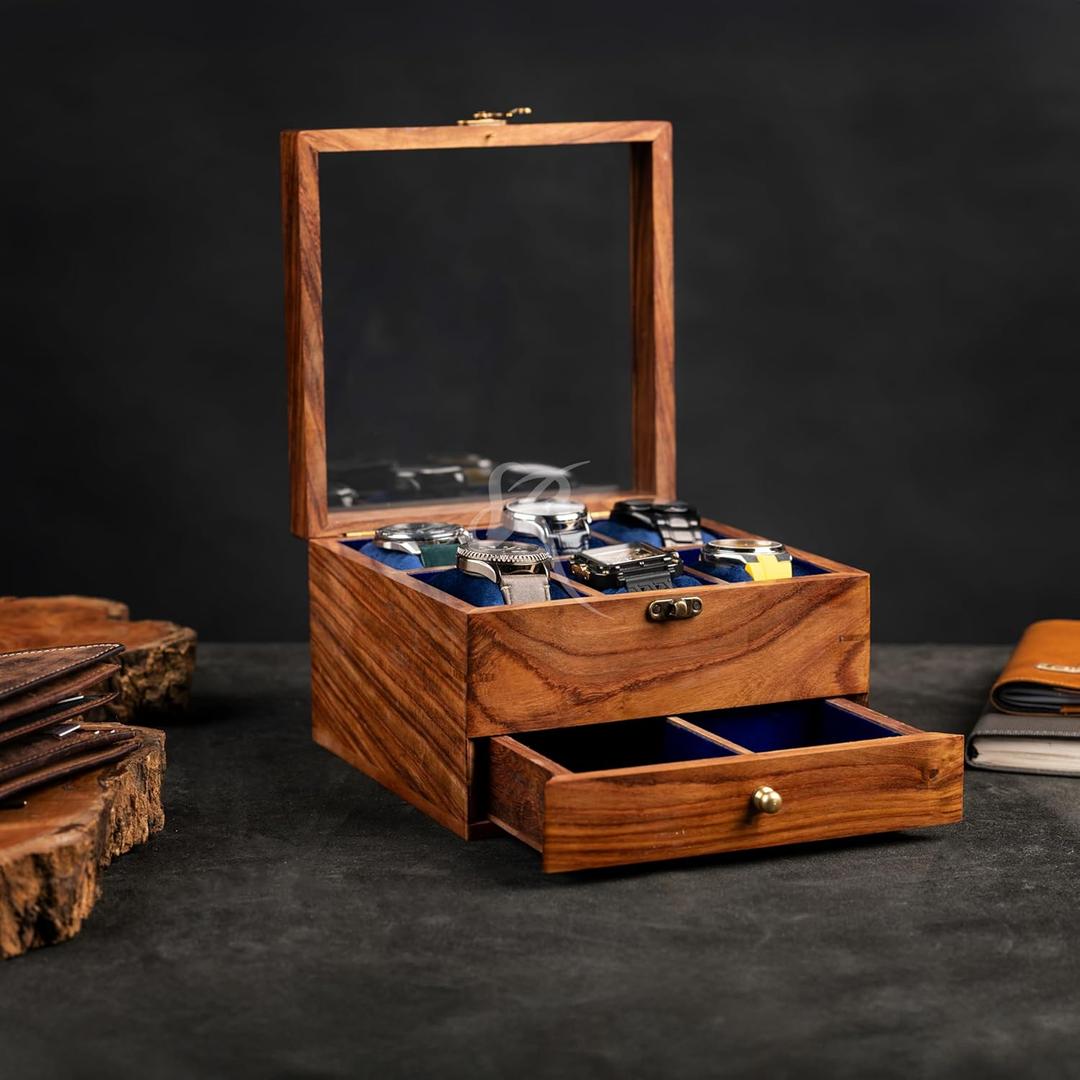 Vintage Superior Rosewood Mens watch display case, Luxury Large Drawer Watch Box Organizer for Men with 6 Divided Slots, Soft Velvet Pillows, and Drawer for Wallet, Cufflinks, and Accessories