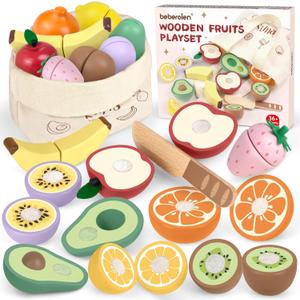 Wooden Play Food Sets for Kids Kitchen Cutting Toys Pretend Play Kitchen Accessories Birthday Gift for Toddlers 3 4 5 6 Year Old Boys Girls Educational Learning Toy