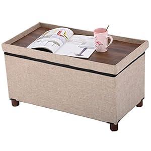30 Inches Storage Ottoman Bench, Storage Bench with Wooden Legs for Living Room Ottoman Foot Rest Removeable Lid for Bedroom End of Bed, Linen Fabric Beige Color