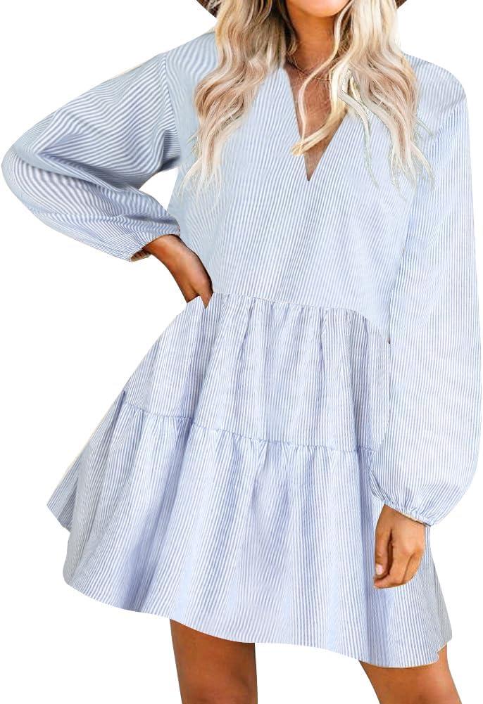 FANCYINN Cute Shift Tunic Dress for Women Ruffle Swing Babydoll Mini Long Sleevee Dress with Pockets S