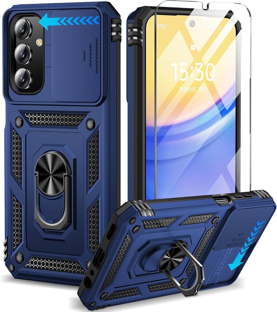 BaHaHoues for Samsung Galaxy A15 5G Case with Screen Protector & Slide Camera Lens Cover,Built-in 360Rotate Magnetic Ring Stand Shockproof Protective Phone Case for Samsung A15 5G Case (Blue)