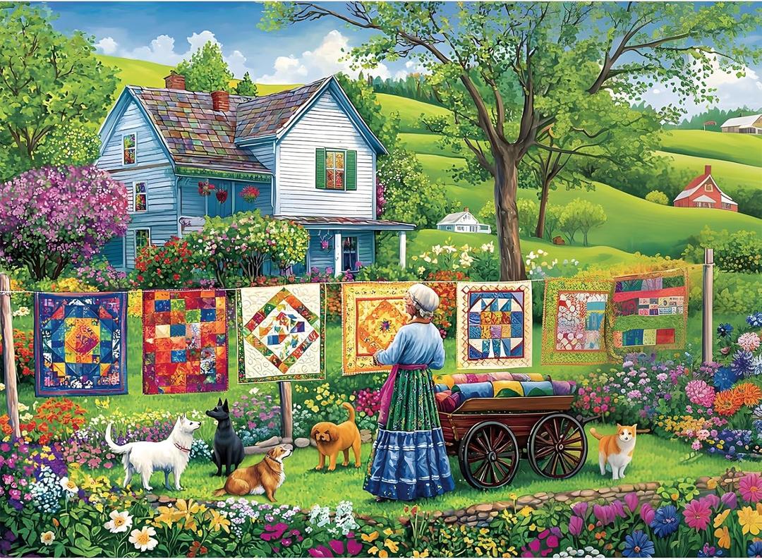 300 Piece Puzzles for Adults,Farm Grandma Jigsaw Puzzle for Adults Children Seniors,Large Piece Garden Puzzle for Kids Age 8-10 10-12,Vintage Country Quilts Puzzle,Family Game Great Gift 20.5x15in