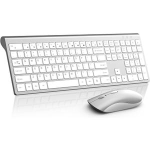 Wireless Mouse and Keyboard Combo, Silent Full-Size Computer Keyboard with Calculator Button, 2400 DPI Mouse, Quiet Click, Slim Cordless USB Set for Laptop PC Windows Mac - Silver White