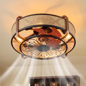 Boho Caged Ceiling Fan with Light Flush Mount 18.9in Hand-Woven Rattan Fandelier Enclosed Cage Ceiling Fans with Lights, Remote Reversible 6 Speeds Motor Ceiling Fan Lighting, E26 Base (H023)