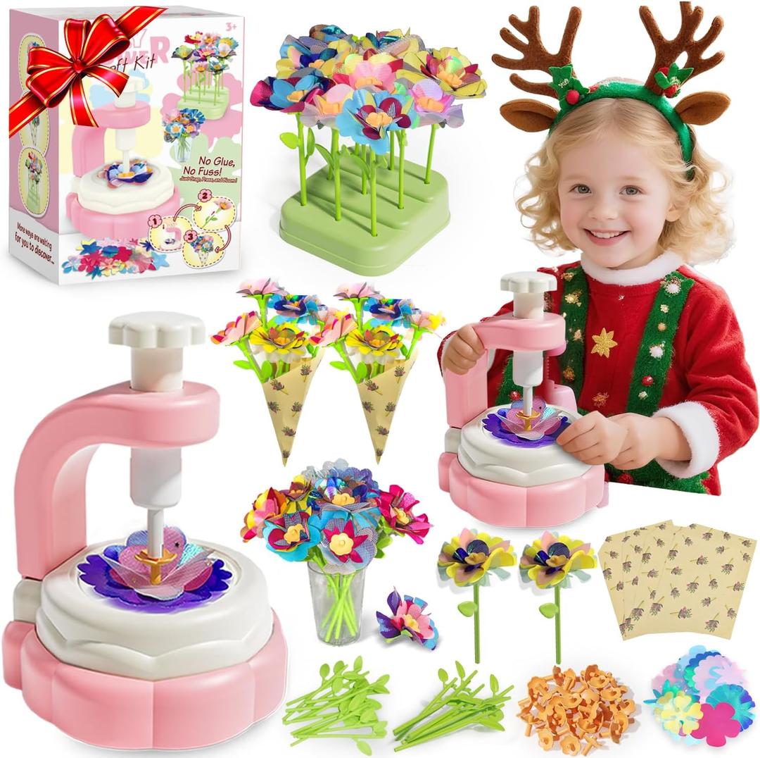 BOIMOES Mini Fabric Flower Press Sewing Machine Toy Kit for Kids Beginners, DIY Paper Bouquets Manual Sewing Kit, Creative Arts & Crafts Making Toy Gift for 4-8 Year Old Girls Boys