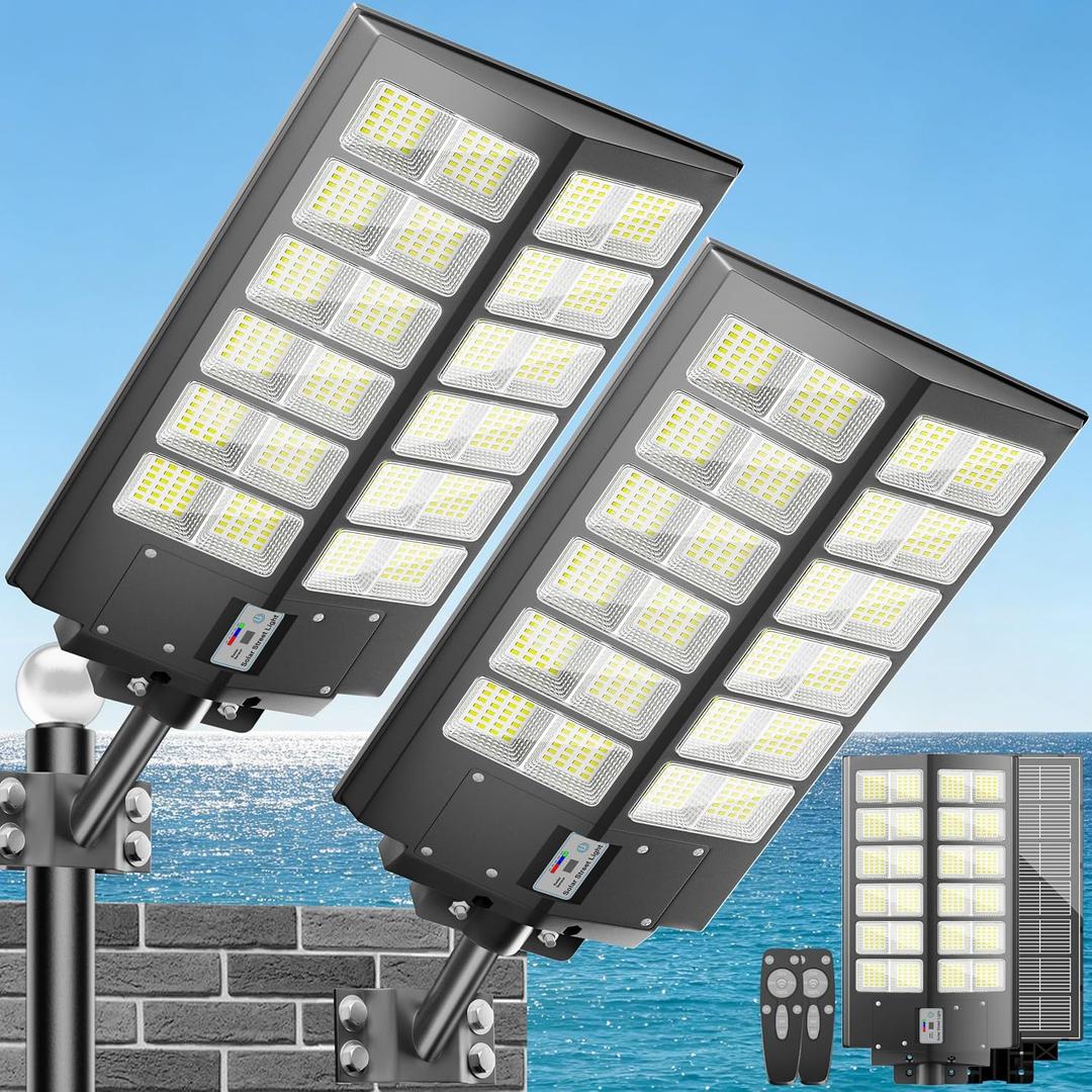 Solar Street Lights Outdoor Waterproof 9000W LED Solar Power Street Light Dusk to Dawn with Mention Sensor Flood Light Large Outdoor Solar Lights for Yard, Entryway Garage, L--2PCS