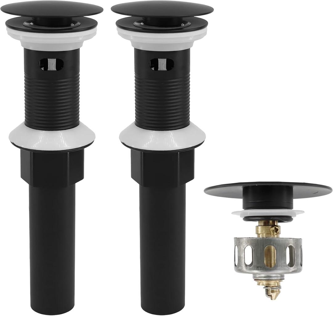 Bathroom Sink Drain,2 Pack Drain Stopper with Overflow,Pop Up Drain Assembly with Detachable Strainer Basket,Built-in Anti-Clogging, Stainless Steel Nut Mattle Black