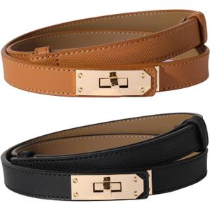 Women Skinny Leather Belt Solid Color Alloy Turn Lock Adjustable Waistband for Dresses Jeans Coats (Black+caramel)
