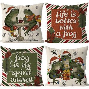 Christmas Frog Pillow Covers Xmas Throw Pillows Home Sofa Living Room Decorative Cushion Case 18x18 Inch Set of 4